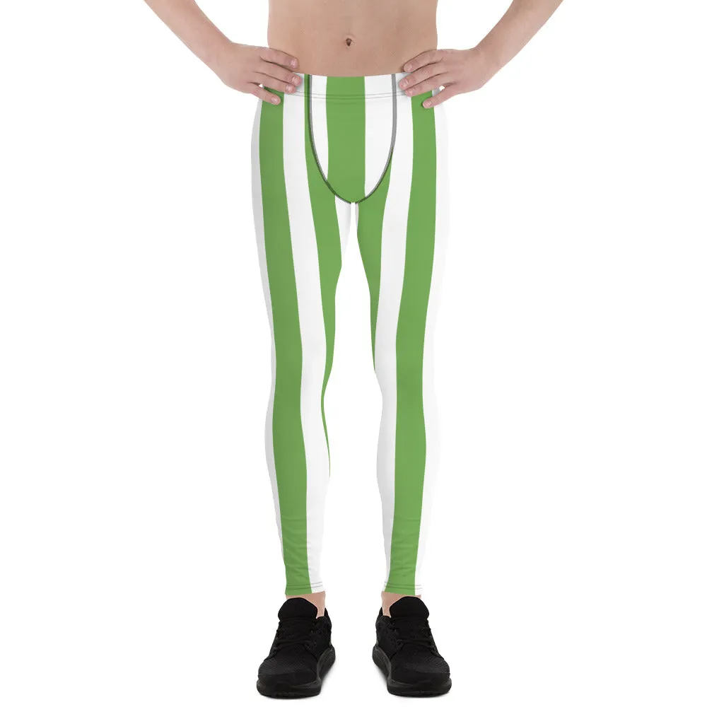 Green White Stripes Men's Leggings, Vertically Striped Meggings Running Tights-Made in USA/EU/MX