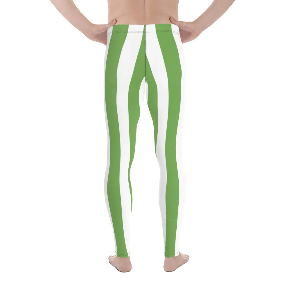 Green White Stripes Men's Leggings, Vertically Striped Meggings Running Tights-Made in USA/EU/MX