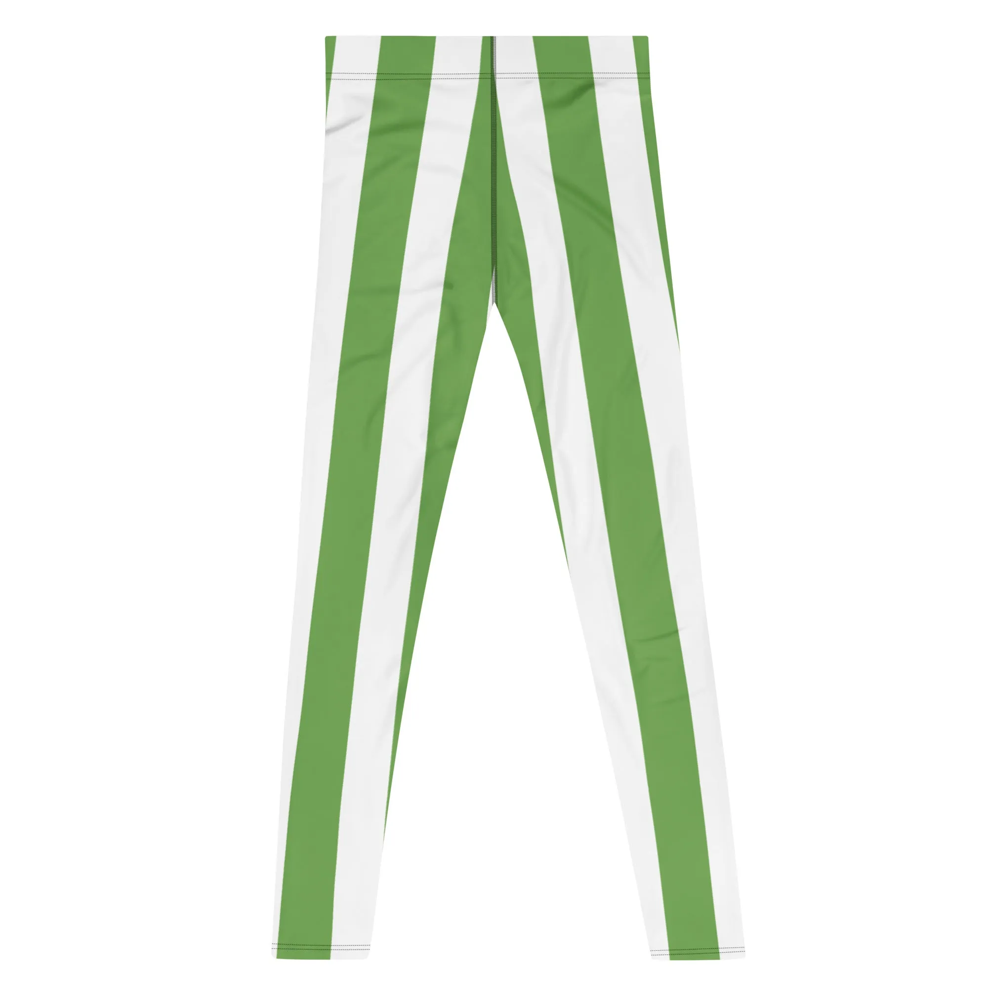 Green White Stripes Men's Leggings, Vertically Striped Meggings Running Tights-Made in USA/EU/MX