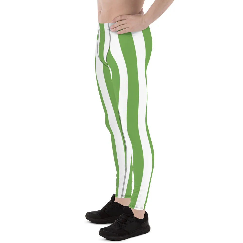 Green White Stripes Men's Leggings, Vertically Striped Meggings Running Tights-Made in USA/EU/MX