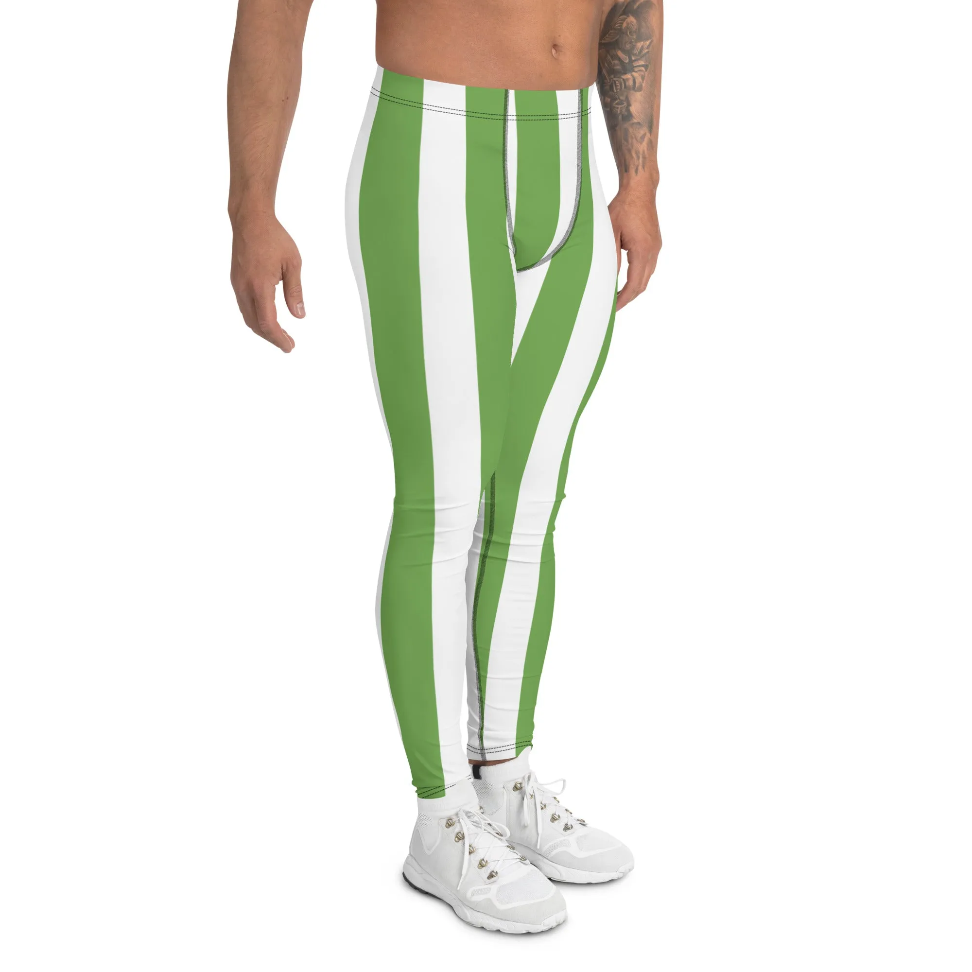 Green White Stripes Men's Leggings, Vertically Striped Meggings Running Tights-Made in USA/EU/MX