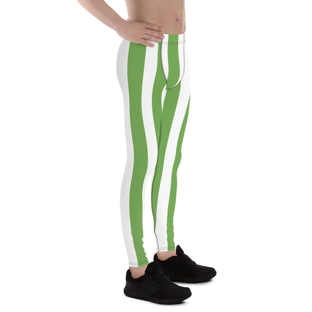 Green White Stripes Men's Leggings, Vertically Striped Meggings Running Tights-Made in USA/EU/MX