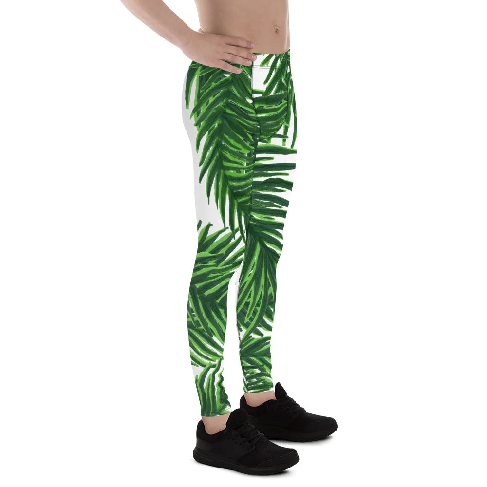 Green White Tropical Palm Leaf Print Designer Men's Leggings Tights - Made in USA/EU