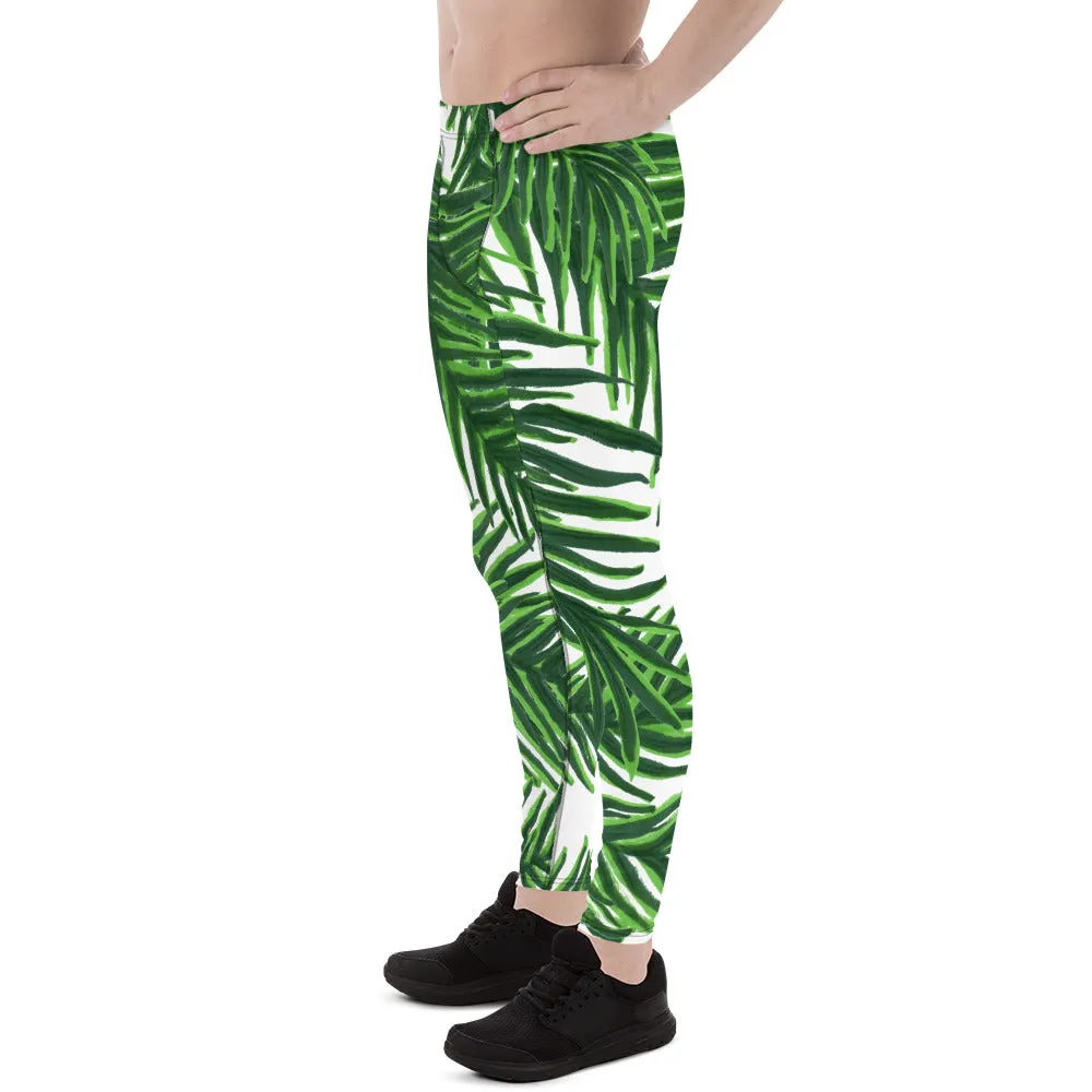 Green White Tropical Palm Leaf Print Designer Men's Leggings Tights - Made in USA/EU