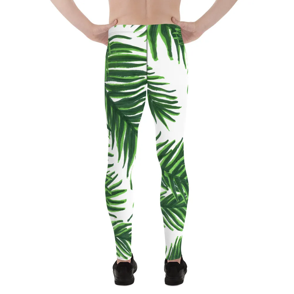 Green White Tropical Palm Leaf Print Designer Men's Leggings Tights - Made in USA/EU