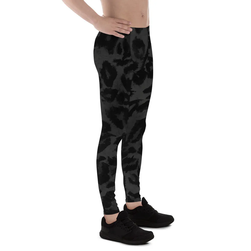 Grey Leopard Print Men's Leggings, Long Compression Yoga Pants Tights- Made in USA/EU