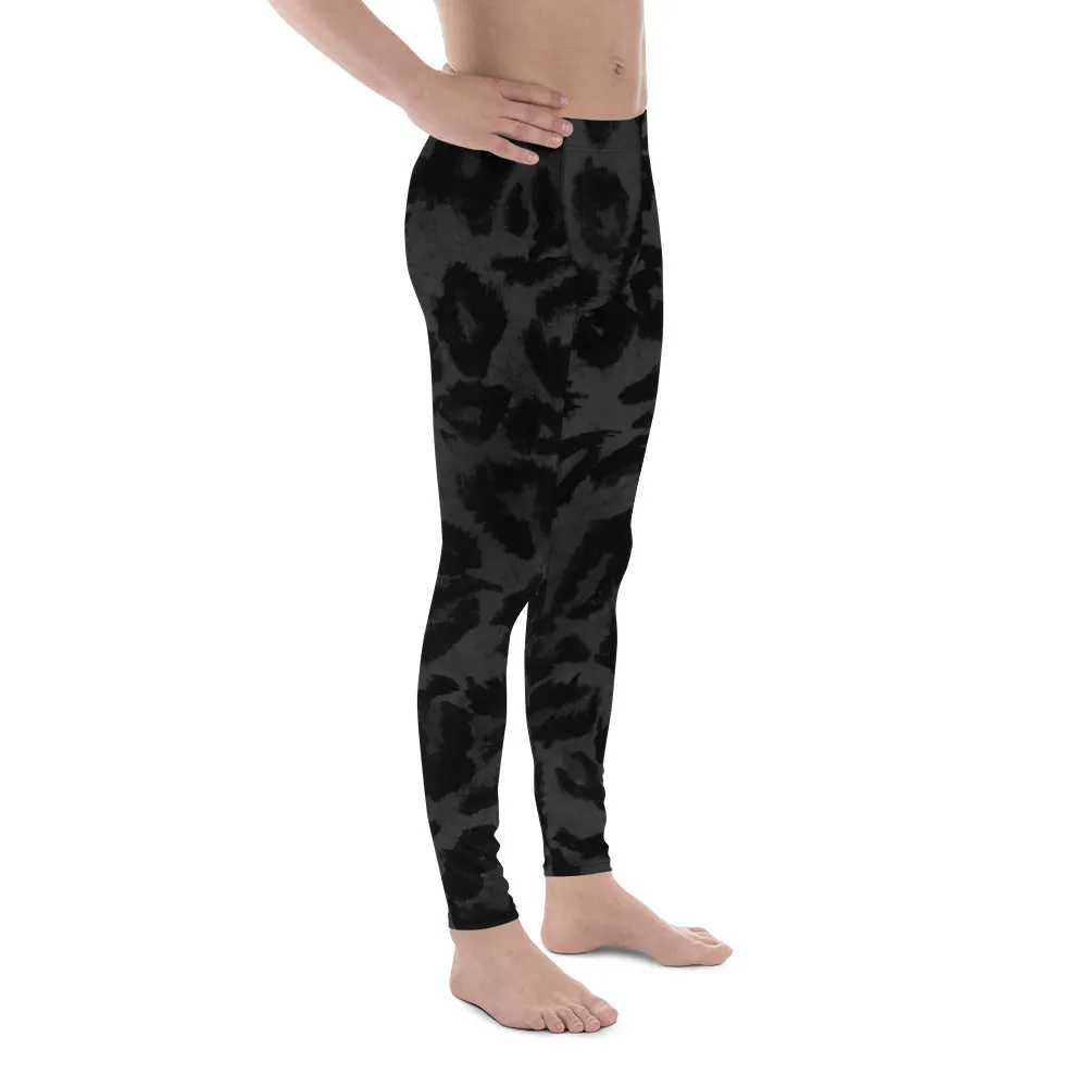 Grey Leopard Print Men's Leggings, Long Compression Yoga Pants Tights- Made in USA/EU