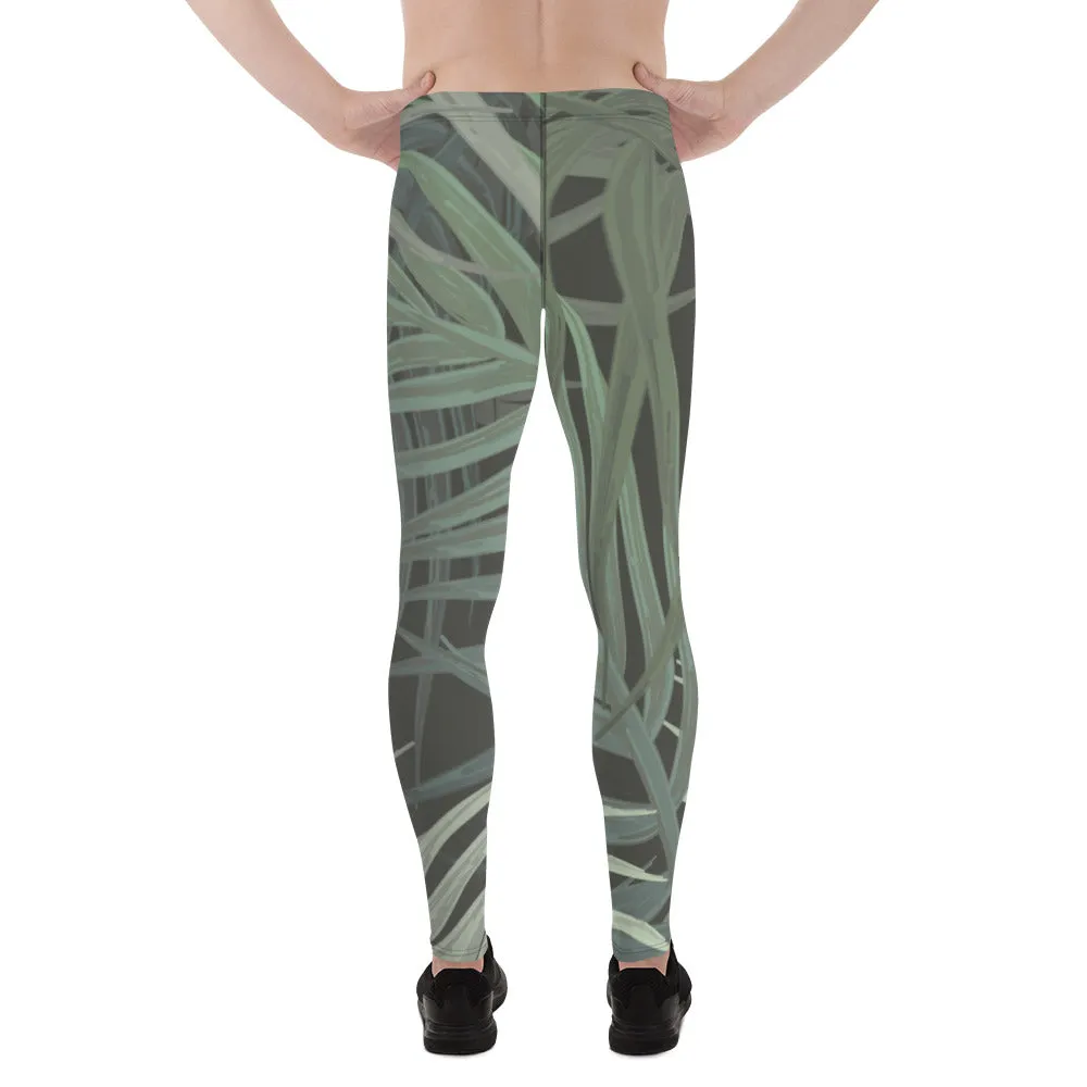 Grey Tropical Leaves Men's Leggings, Best Men's Leggings, Tropical Leaves Print Designer Running Compression Tights For Men - Made in USA/EU/MX