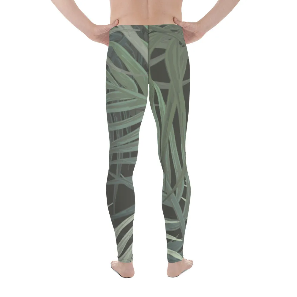 Grey Tropical Leaves Men's Leggings, Best Men's Leggings, Tropical Leaves Print Designer Running Compression Tights For Men - Made in USA/EU/MX