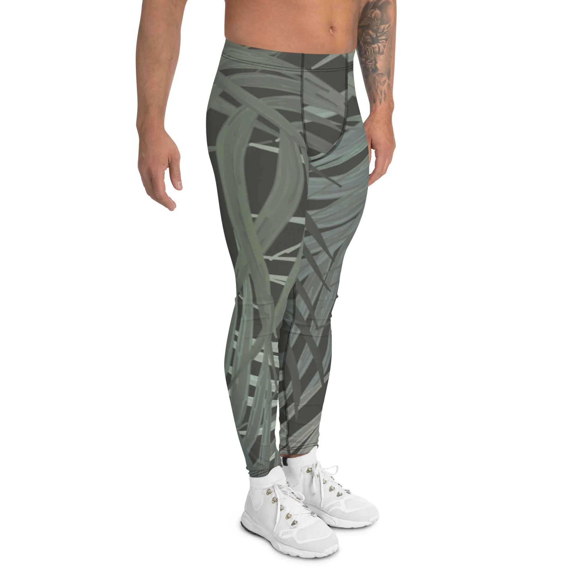 Grey Tropical Leaves Men's Leggings, Best Men's Leggings, Tropical Leaves Print Designer Running Compression Tights For Men - Made in USA/EU/MX