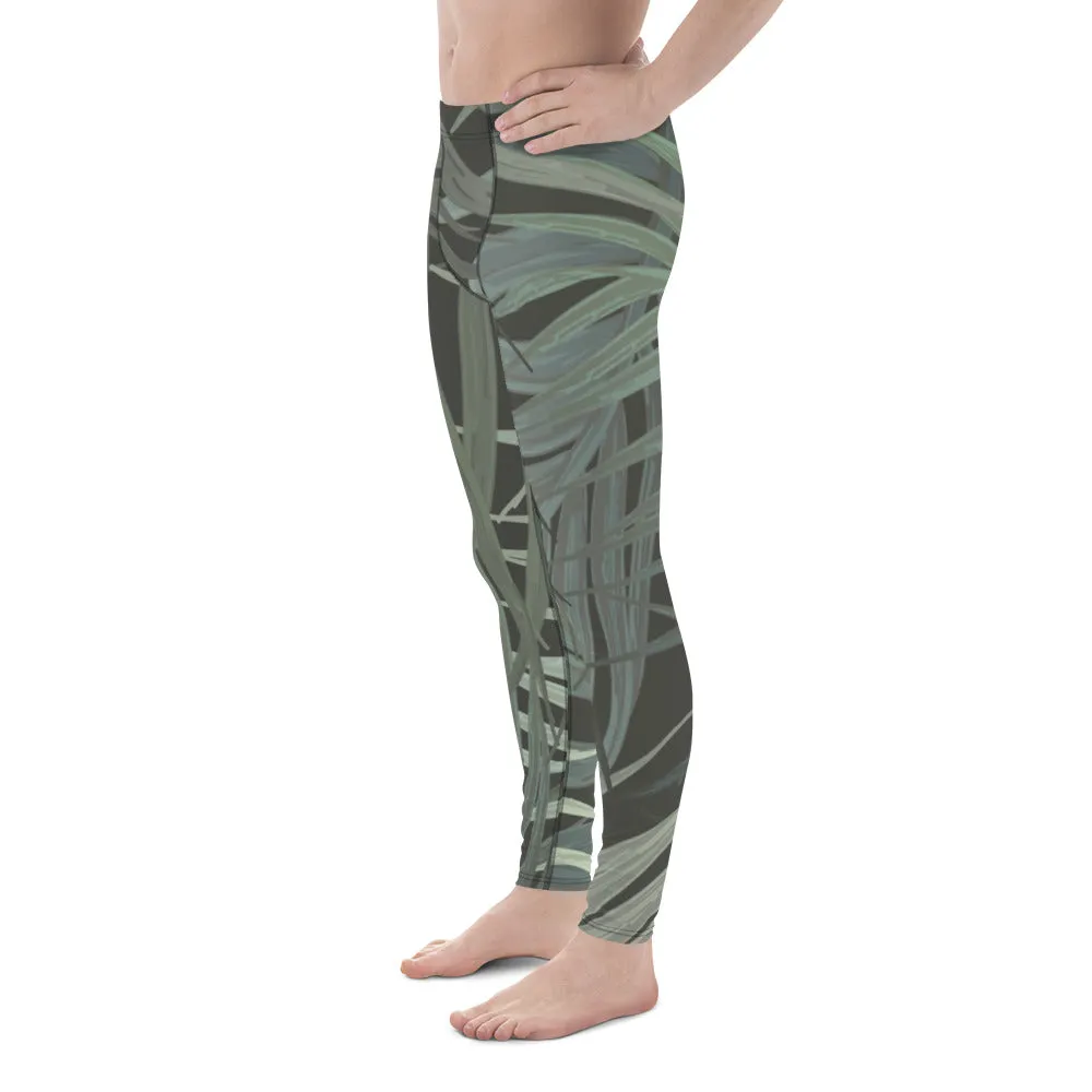 Grey Tropical Leaves Men's Leggings, Best Men's Leggings, Tropical Leaves Print Designer Running Compression Tights For Men - Made in USA/EU/MX