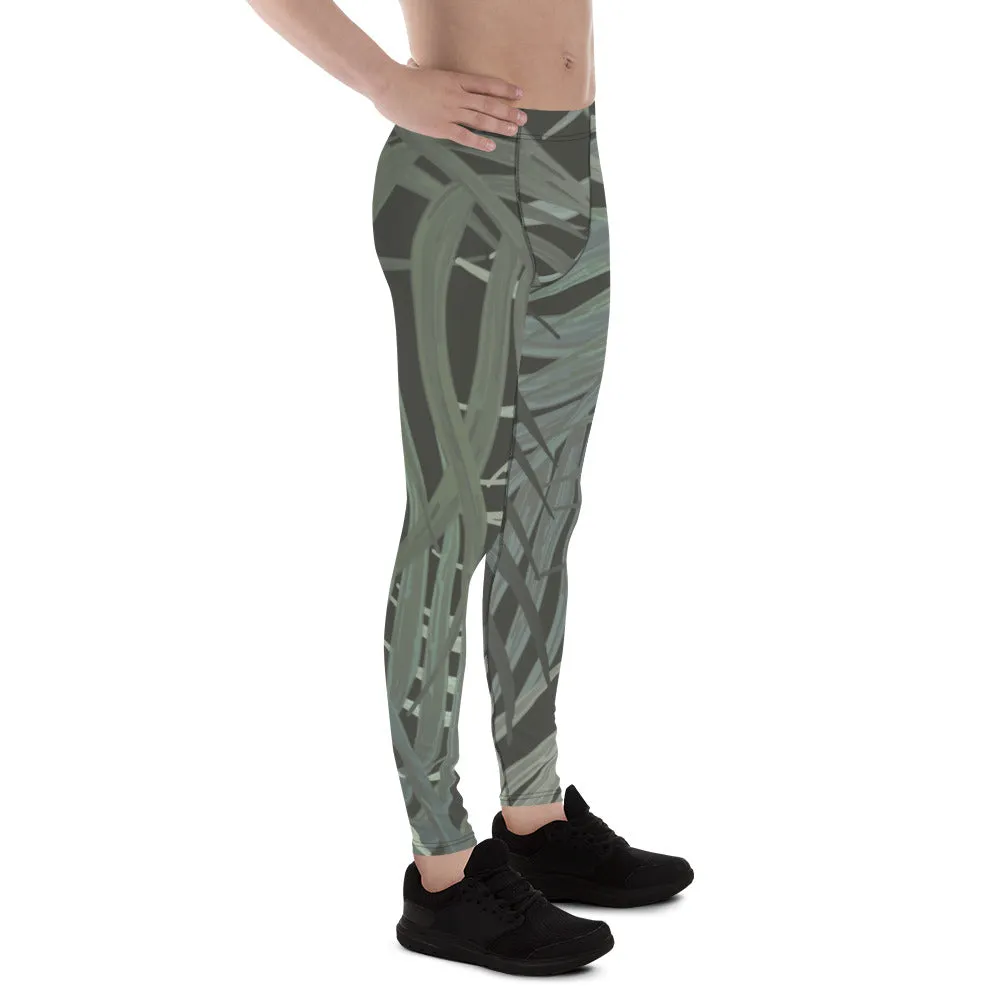 Grey Tropical Leaves Men's Leggings, Best Men's Leggings, Tropical Leaves Print Designer Running Compression Tights For Men - Made in USA/EU/MX