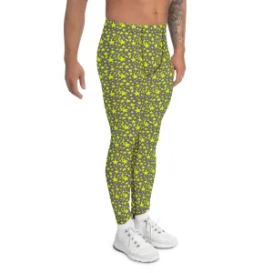 Grey Yellow Starry Meggings, Designer Men's Leggings Star Print Run Tights-Made in USA/MX/EU