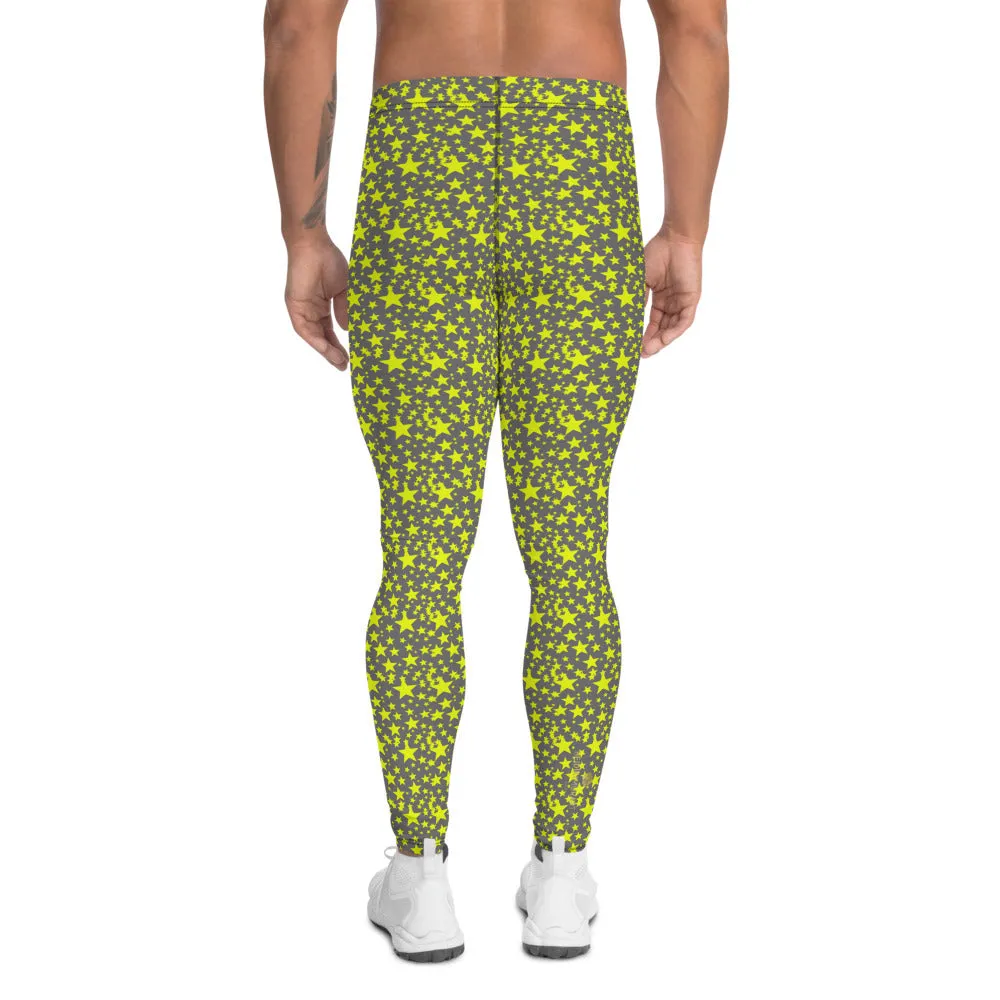 Grey Yellow Starry Meggings, Designer Men's Leggings Star Print Run Tights-Made in USA/MX/EU