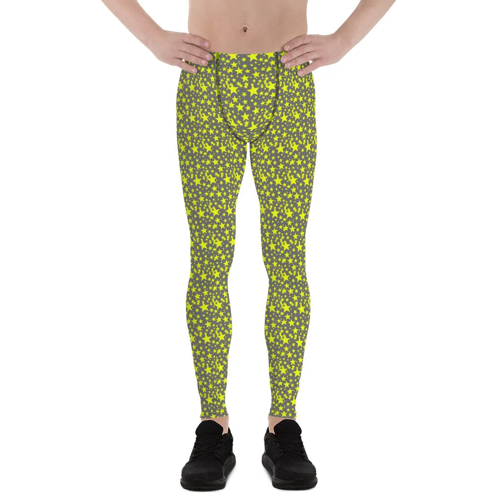 Grey Yellow Starry Meggings, Designer Men's Leggings Star Print Run Tights-Made in USA/MX/EU