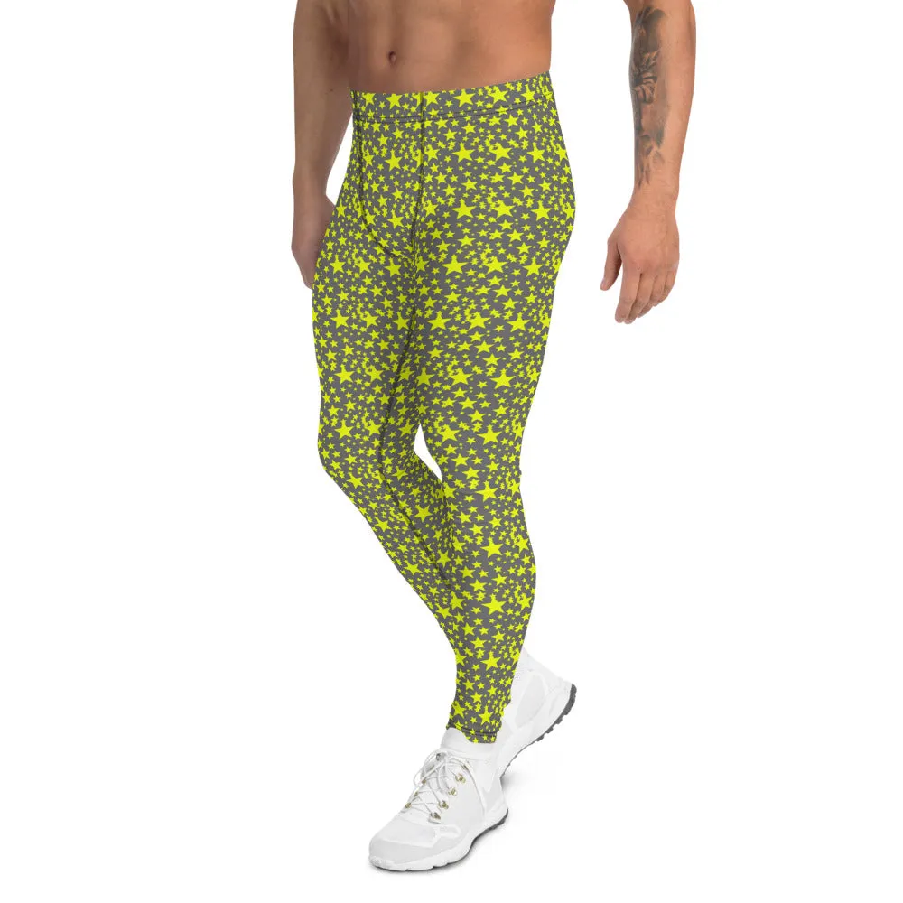 Grey Yellow Starry Meggings, Designer Men's Leggings Star Print Run Tights-Made in USA/MX/EU