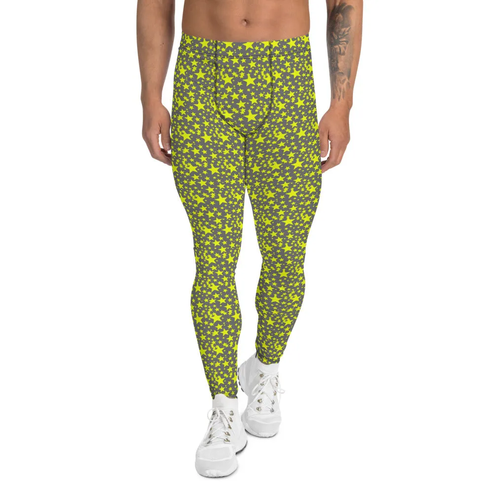 Grey Yellow Starry Meggings, Designer Men's Leggings Star Print Run Tights-Made in USA/MX/EU