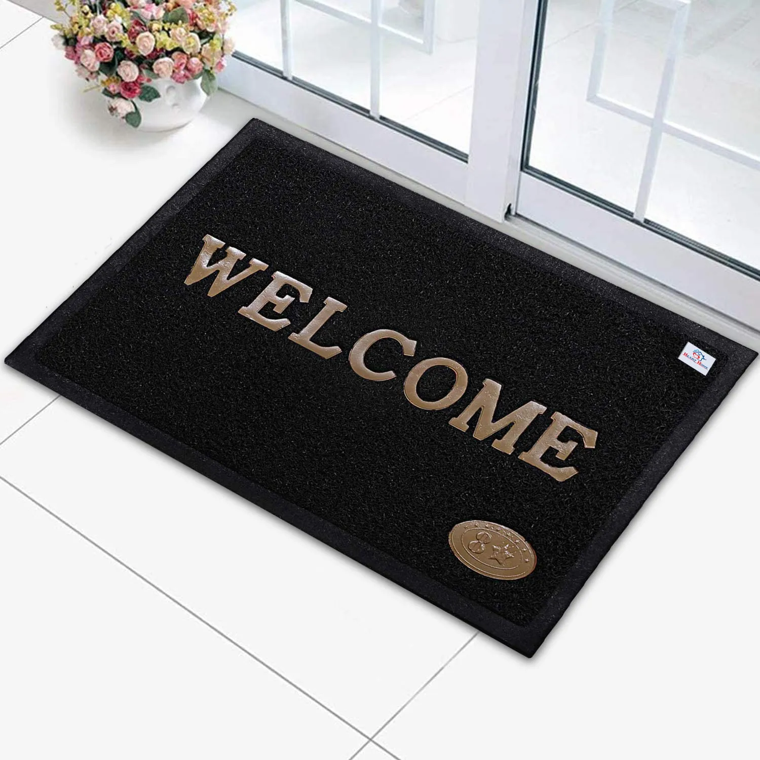 Heart Home Rubber Super Absorbent Outdoor Welcome MAT– Non-Slip Net Backing, Heavy Duty, Waterproof, Easy Clean for Entry, Dust Trapper, Eco-Friendly (Black)-Pack of 2-HHEART15381