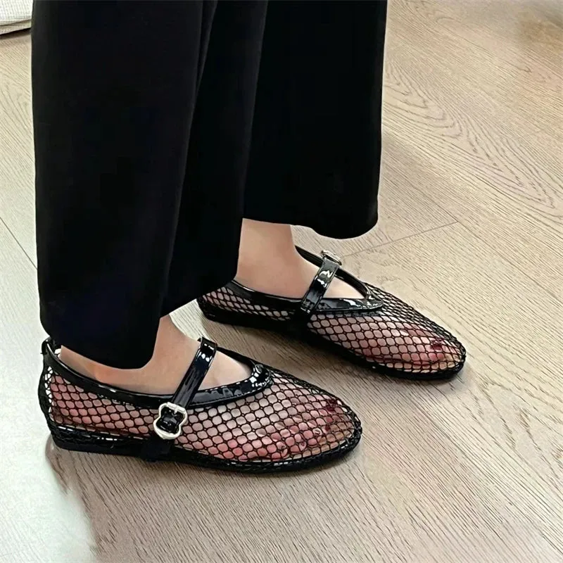 Hnzxzm 2024 Summer Women Mesh Flats Sandals Fashion Shallow Buckle Ladies Outdoor Dress Flats Female Rome Style Shoes