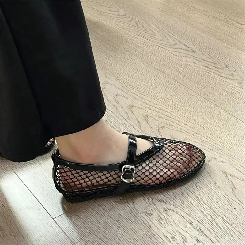 Hnzxzm 2024 Summer Women Mesh Flats Sandals Fashion Shallow Buckle Ladies Outdoor Dress Flats Female Rome Style Shoes