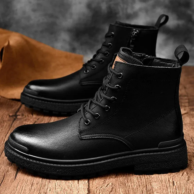 Hnzxzm Men's Boots Fashion Outdoor High Top Work Boots Black Punk Style Mens Shoes Luxury Genuine Leather Ankle Boots Designer Shoes