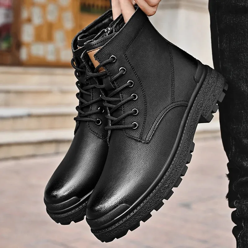 Hnzxzm Men's Boots Fashion Outdoor High Top Work Boots Black Punk Style Mens Shoes Luxury Genuine Leather Ankle Boots Designer Shoes