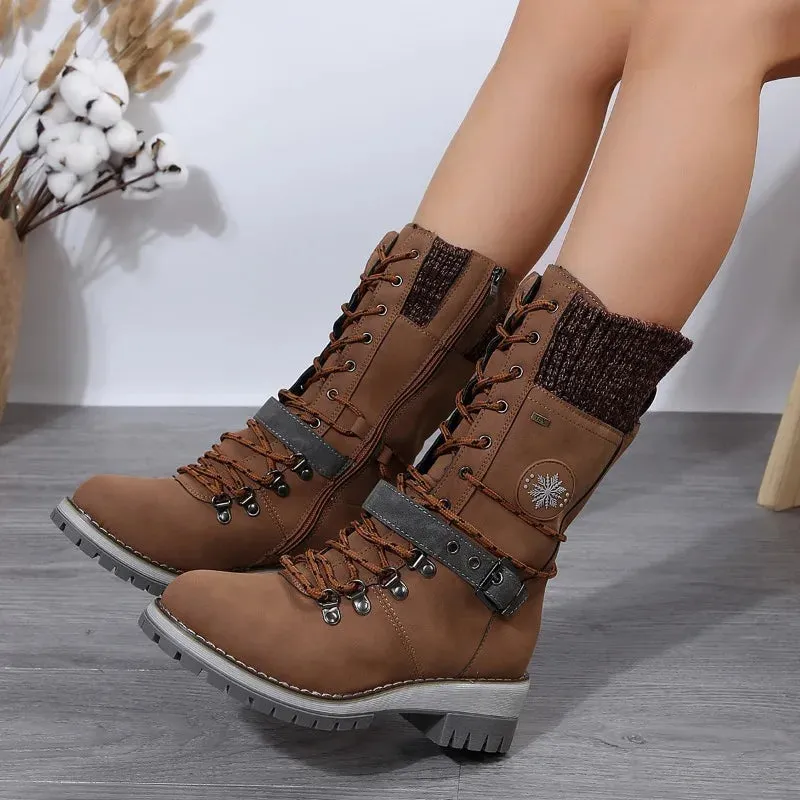 Hnzxzm Winter Outdoor Shoes for Women Side Zip Women's Mid-Calf Boots Square Heel Casual Women's Shoes Med Heel Ladies Boots