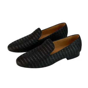 INCI Black striped fabric/Black calfskin leather & Sheepskin  lining-Bree-Penny Loafers for Women- Comfort Flat Shoes- Slip-on Women Loafers -Shoes Casual