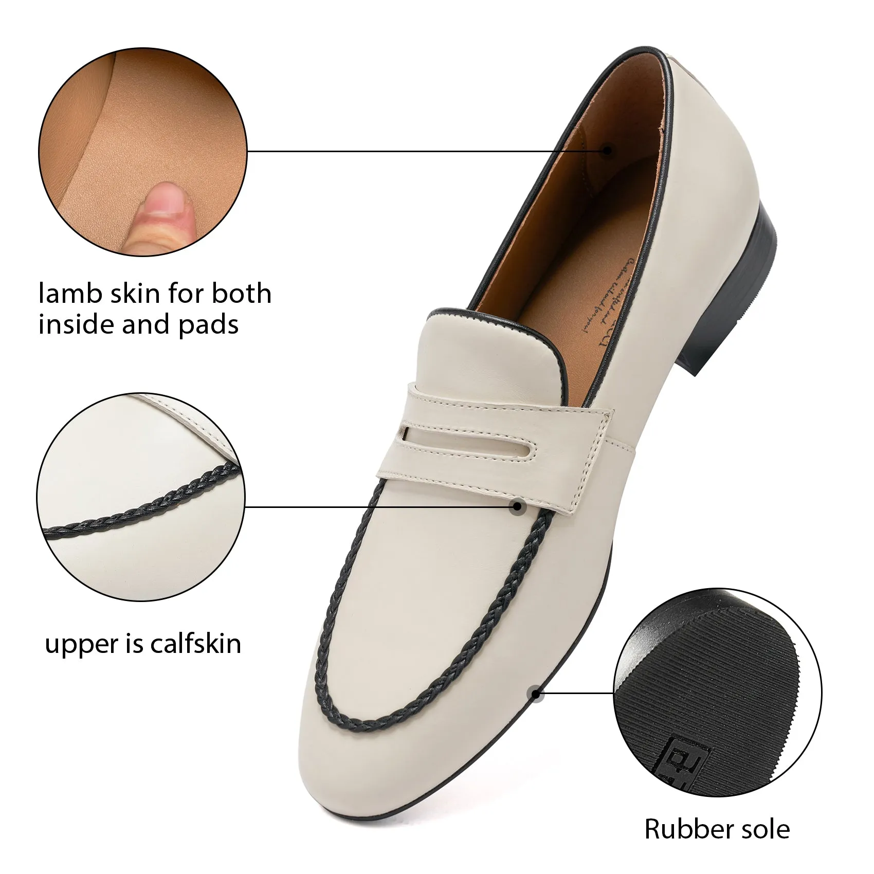 INCI Off-white  Calfskin Leather & Sheepskin  lining-Loraine-Penny Loafers for Women- Comfort Flat Shoes- Slip-on Women Loafers -Shoes Casual