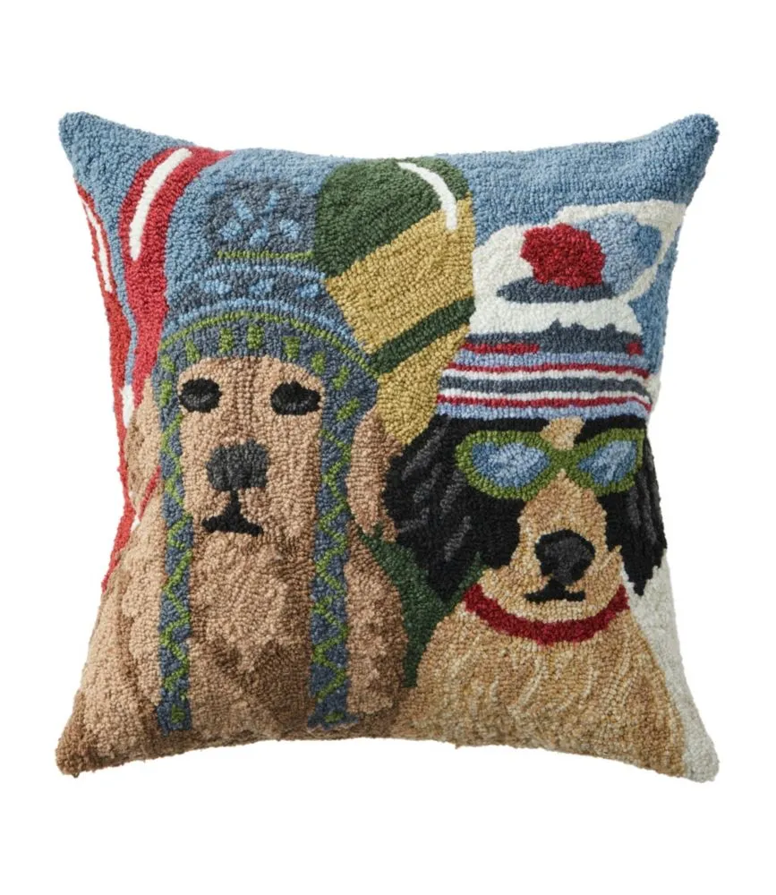 Indoor/Outdoor Hooked Pillow, Dogs Skiing