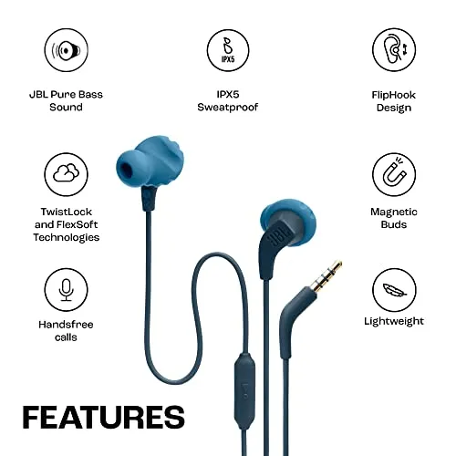 JBL Endurance Run 2, Sports in Ear Wired Earphones with Mic, Pure Bass, Sweatproof, Flexsoft eartips, Magnetic Earbuds, Fliphook & TwistLock Technology with Voice Assistant Support for Mobiles (Blue)