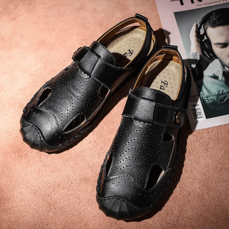 kkboxly kkboxly Men Cowhide Closed Toe Breathable Soft Casual Sandals