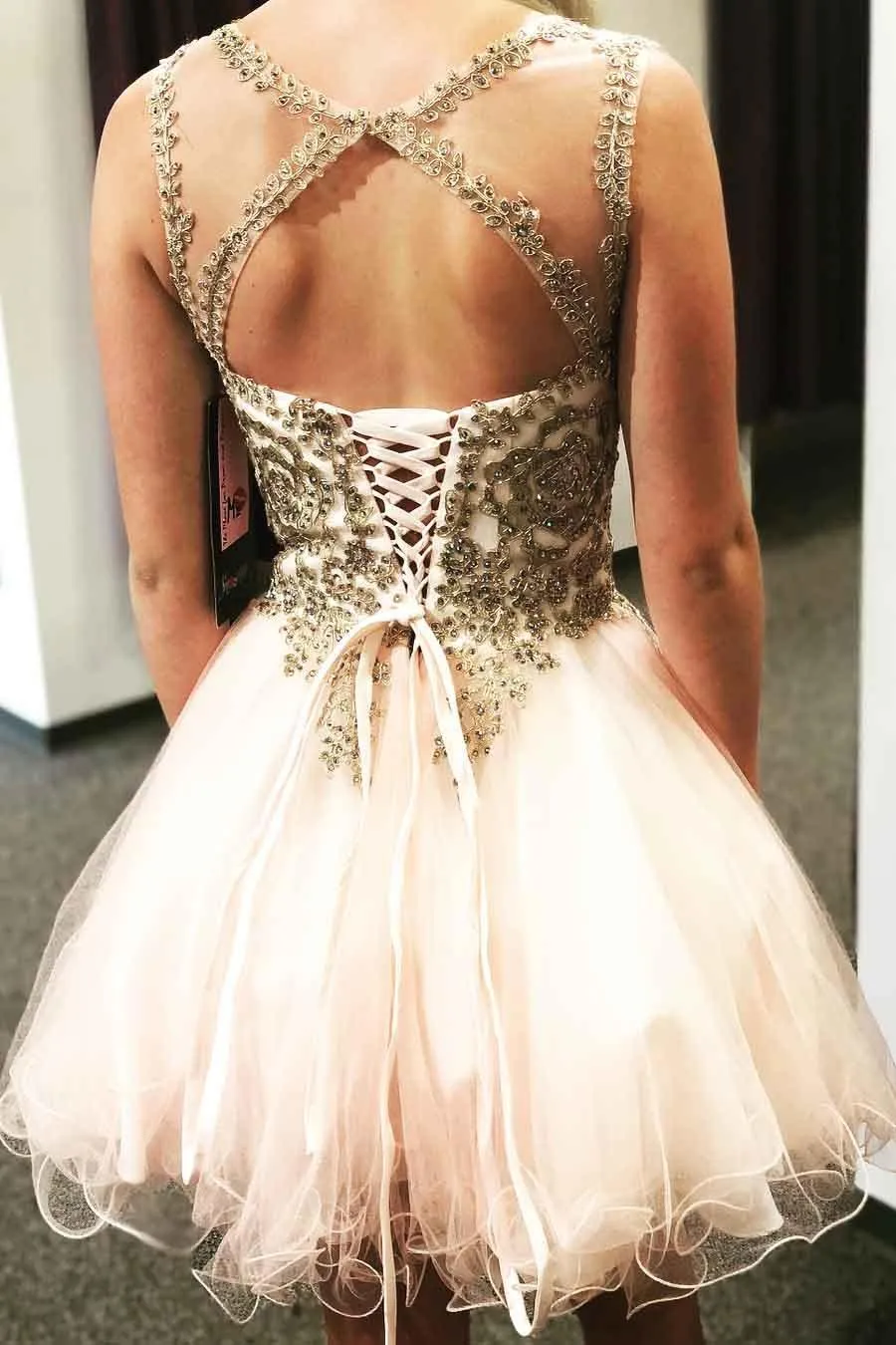 Lace-Up Beaded Cross Back Short Prom Dress Homecoming Dress  PD306