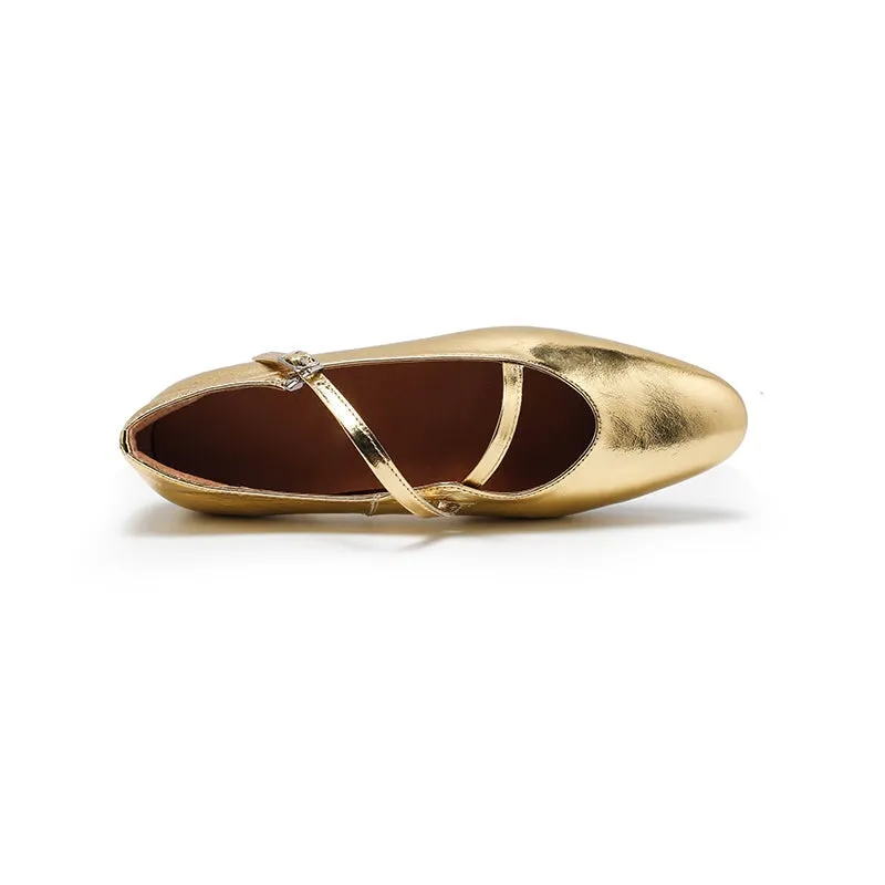 Leather Ballet Flats with Cross-Strap Almond Toe in Sliver/Golden