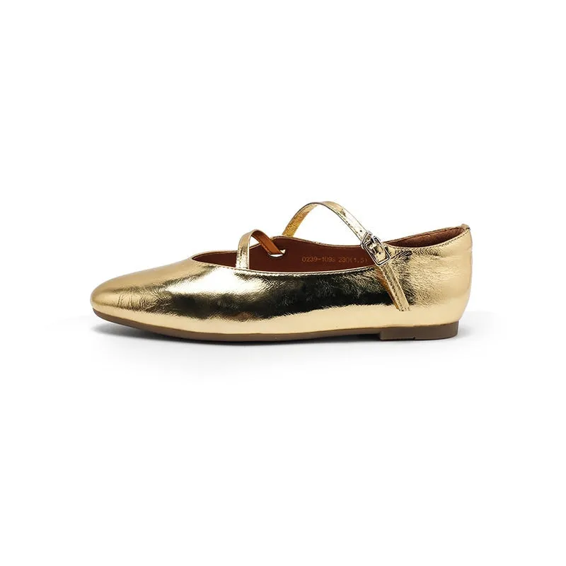 Leather Ballet Flats with Cross-Strap Almond Toe in Sliver/Golden