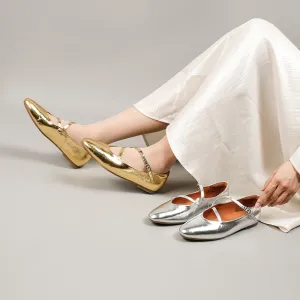 Leather Ballet Flats with Cross-Strap Almond Toe in Sliver/Golden