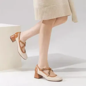 Leather Cross-strap Round Toe Mary Jane Shoes Block Heel Color Blocking in Beige/Brown