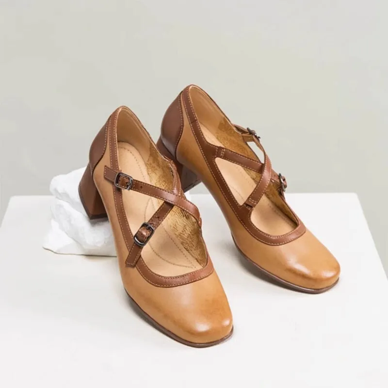 Leather Cross-strap Round Toe Mary Jane Shoes Block Heel Color Blocking in Beige/Brown