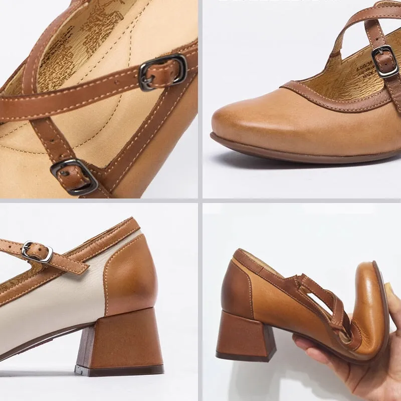 Leather Cross-strap Round Toe Mary Jane Shoes Block Heel Color Blocking in Beige/Brown