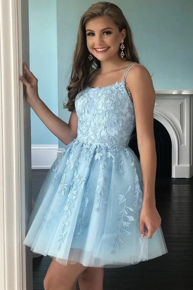 Light Blue Tulle Homecoming Dress with Lace Appliques, Spaghetti Straps Short Dress UQH0064