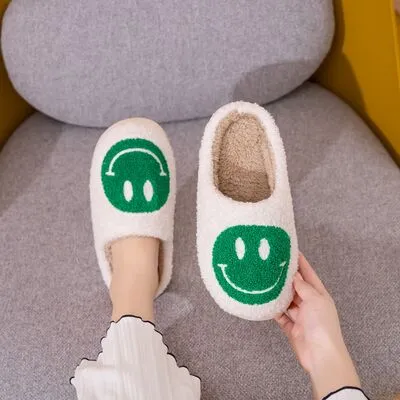 Melody White and Green Smiley Face Slippers