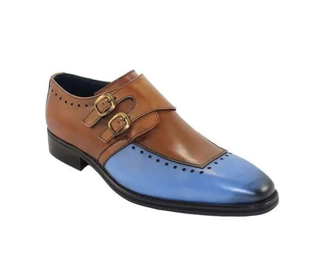 Mens Blue Brown Monk Double Buckle Straps Original Leather Toe Men Shoes