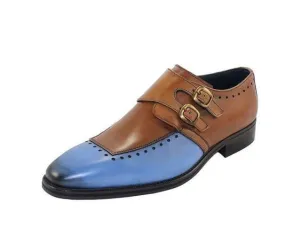 Mens Blue Brown Monk Double Buckle Straps Original Leather Toe Men Shoes