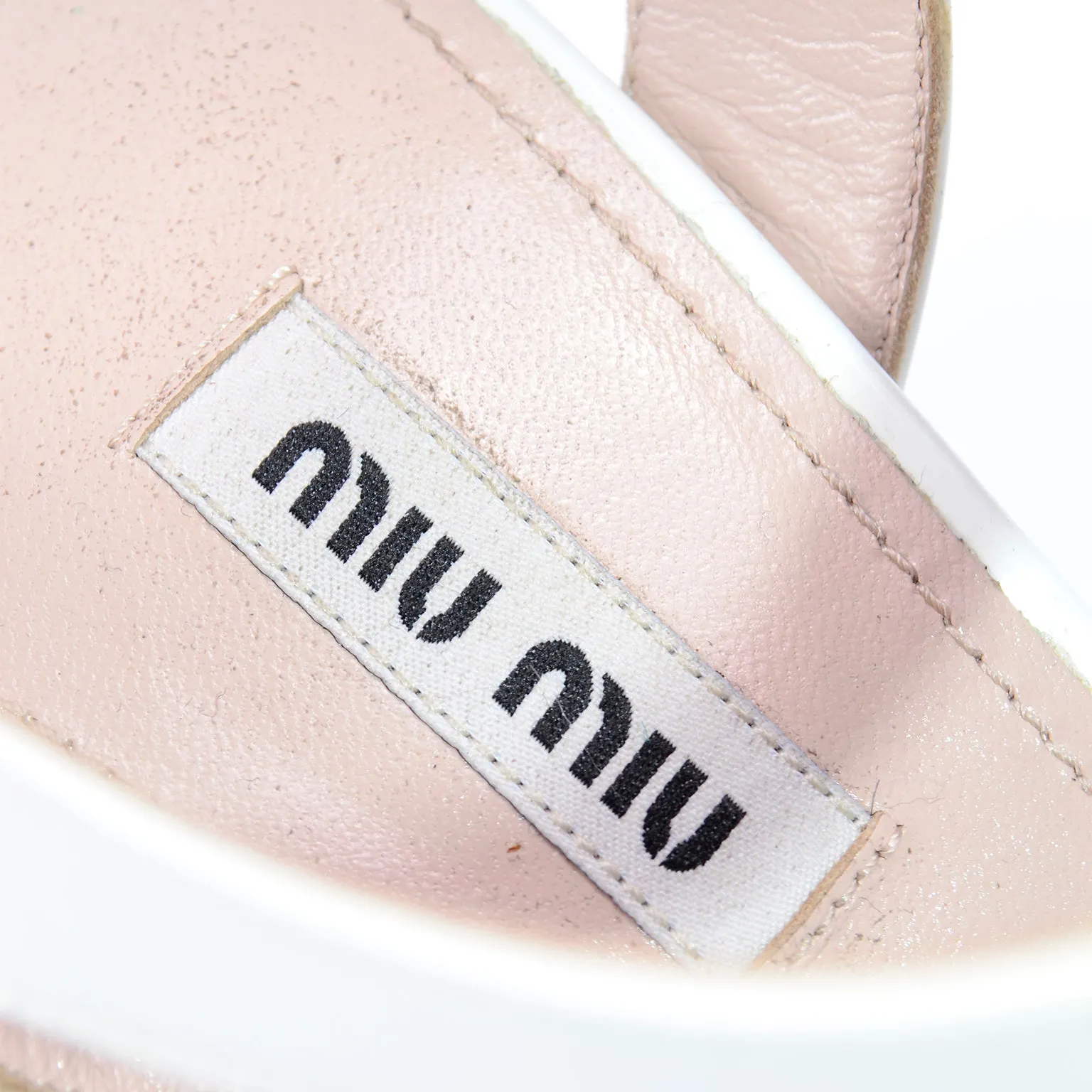 Miu Miu White Ankle Strap Open Toe Shoes With Rhinestones