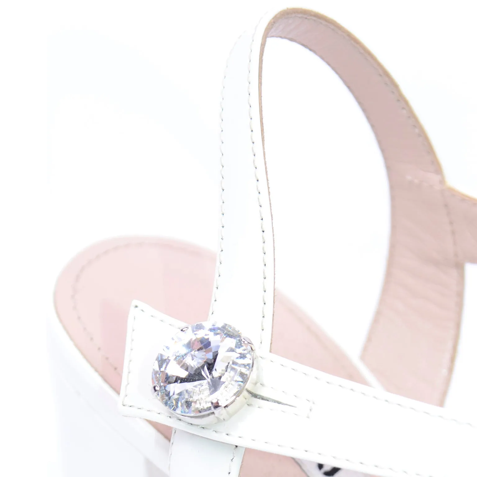 Miu Miu White Ankle Strap Open Toe Shoes With Rhinestones