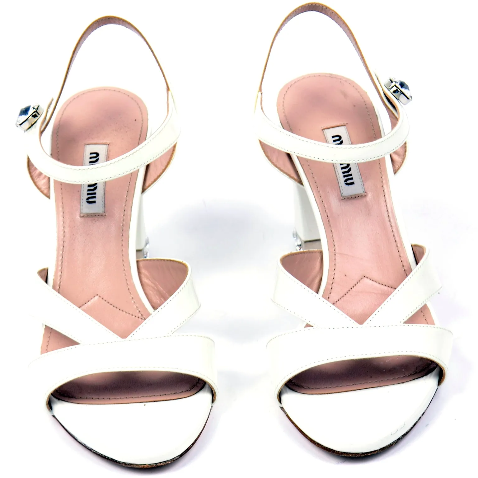 Miu Miu White Ankle Strap Open Toe Shoes With Rhinestones