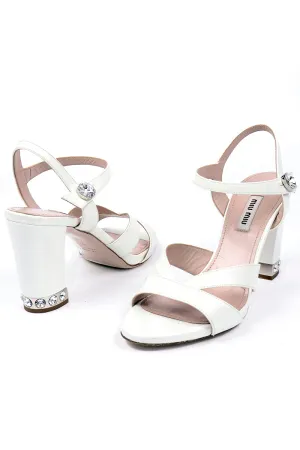 Miu Miu White Ankle Strap Open Toe Shoes With Rhinestones