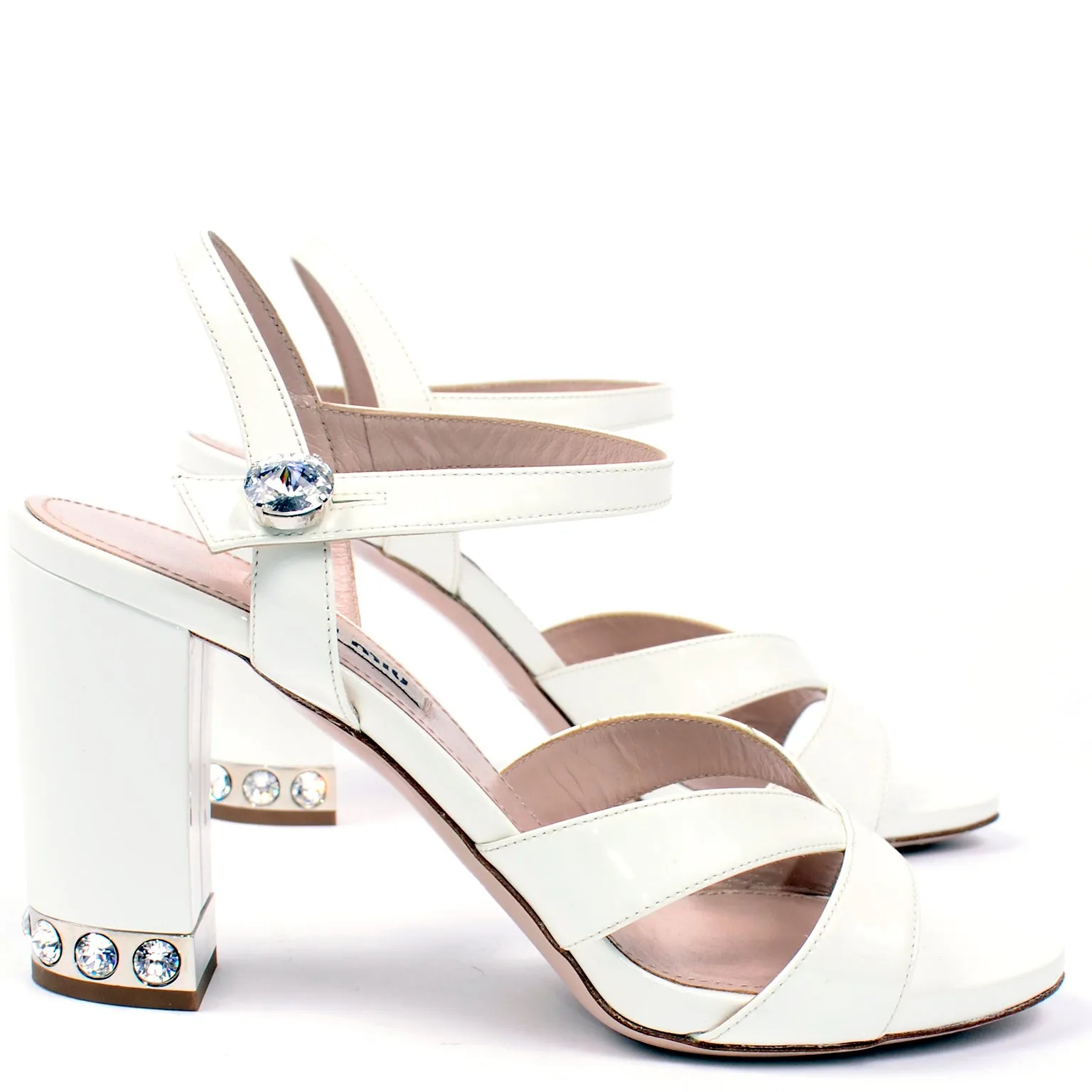 Miu Miu White Ankle Strap Open Toe Shoes With Rhinestones