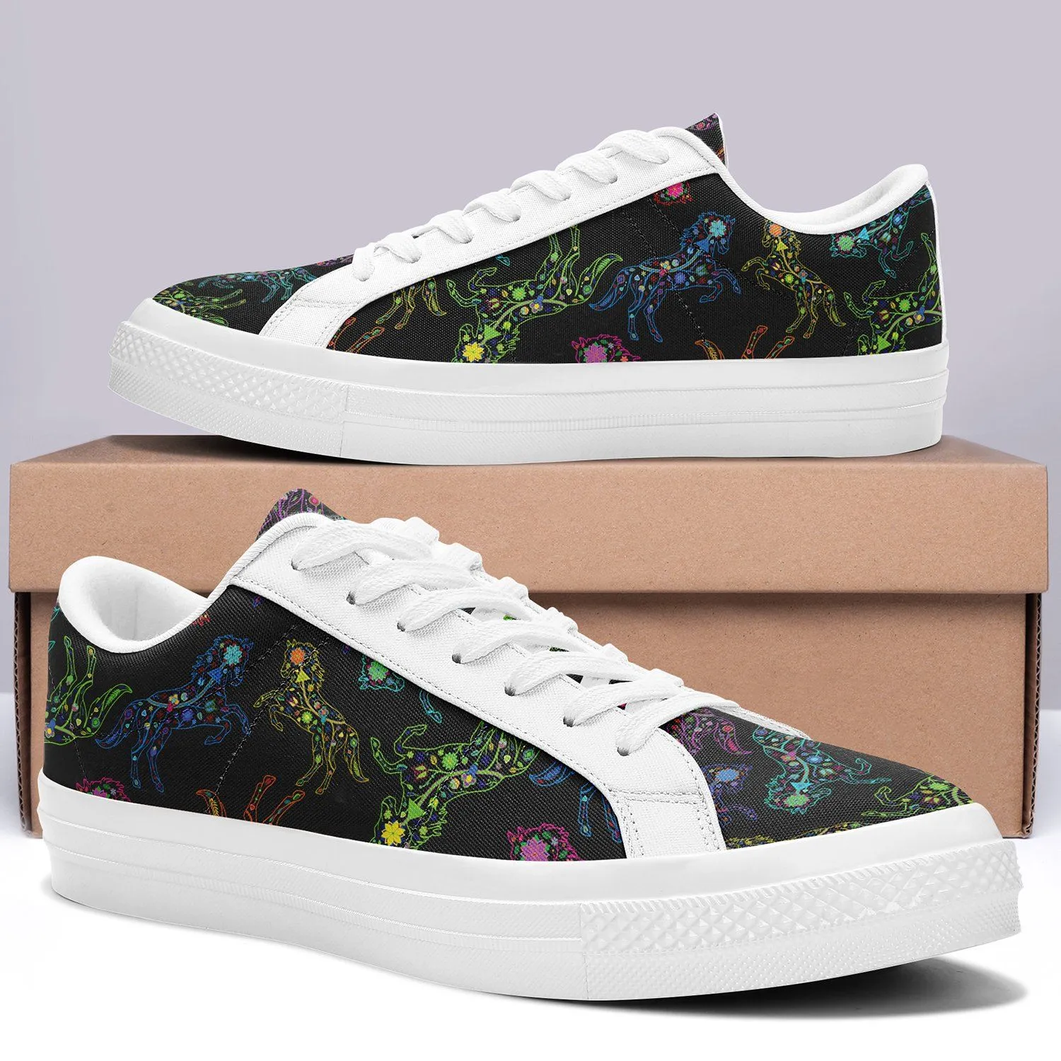 Neon Floral Horses Aapisi Low Top Canvas Shoes White Sole