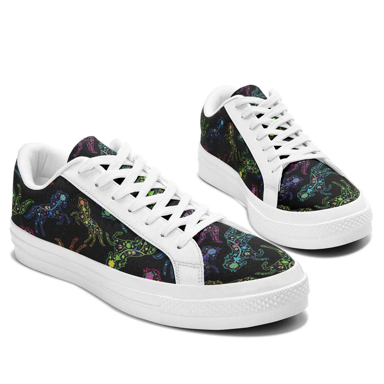 Neon Floral Horses Aapisi Low Top Canvas Shoes White Sole